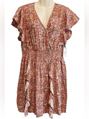 Japna Floral V-Neck Mini Dress in Rust Multi